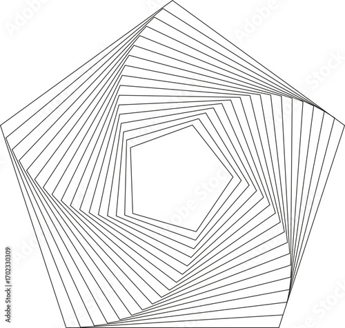 Spiral geometry organized within a pentagonal framework radiating outward in rotation.