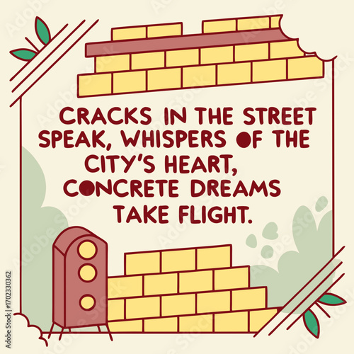 Urban Brick Wall with Cracks and Poetic Text