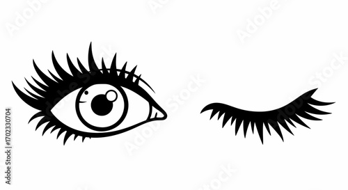 A graphic illustration of a winking eye with long eyelashes conveying a playful and flirtatious expression perfect for beauty and cosmetic related themes