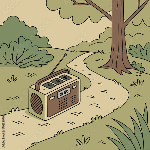 Vintage Radio on a Winding Path Through a Summer Landscape