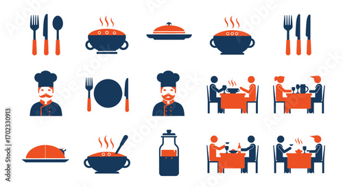 Collection of Icons Representing Culinary Delights and Dining Experiences in a Restaurant Setting