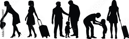 Business people silhouette, woman with suitcase, family with child, parent and child interaction, travel, airport, journey, departure, communication, connection, black vector
