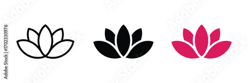 Three lotus flower icons in outline, black, and pink isolated on white background