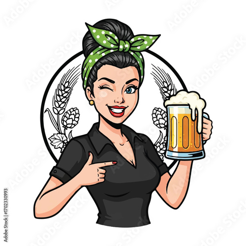 Pin-up girl with a beer, in a retro comic style.