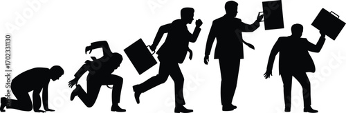Businessman career progression silhouette, evolution from crawling to standing, running with briefcase, professional success journey, corporate growth, dynamic business concept