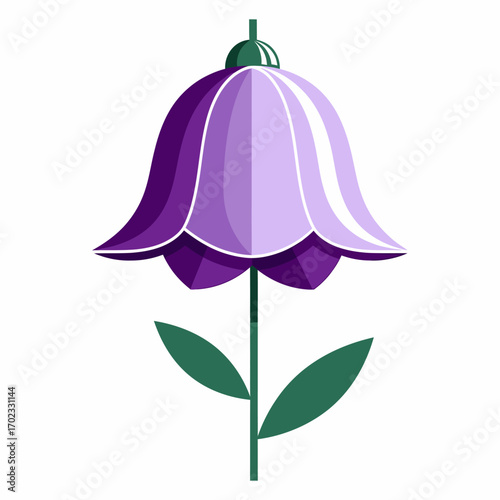 A stylized illustration of a purple bellflower with a green stem and leaves on a white background, featuring a flat design.