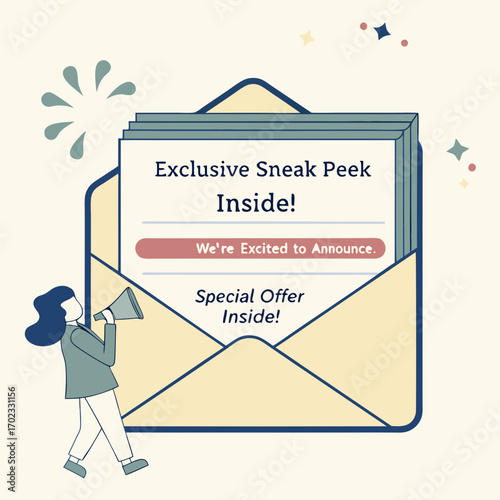 Woman Announces Special Offer with Megaphone Near Pastel Envelope Illustration