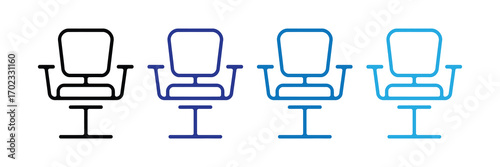 Four office chairs in a row, each with a different outline color from black to blue