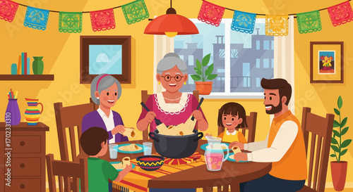 Joyful Hispanic family celebrating together with a traditional dinner at home