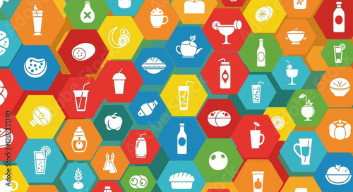 A Vibrant Hexagonal Pattern of Food and Drink Icons Representing Diverse Culinary Choices and Refreshments