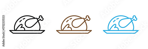Three simple line icons of a roasted chicken on a plate, isolated on white background