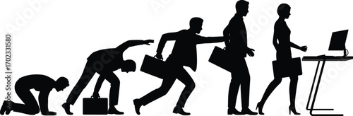 Business evolution concept silhouette, progression from crawling to walking, professional people with briefcases, reaching computer workstation, career growth, teamwork, success