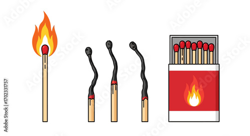 A Burning Matchstick and Burnt Out Matches Next to a Matchbox Showing the Process of Ignition and Combustion