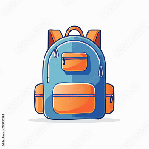Illustrative rendering of a colorful backpack with various compartments and pockets