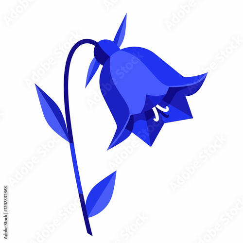 Stylized illustration of a single blue bellflower with a drooping head and two leaves on a white background, showcasing its delicate form.