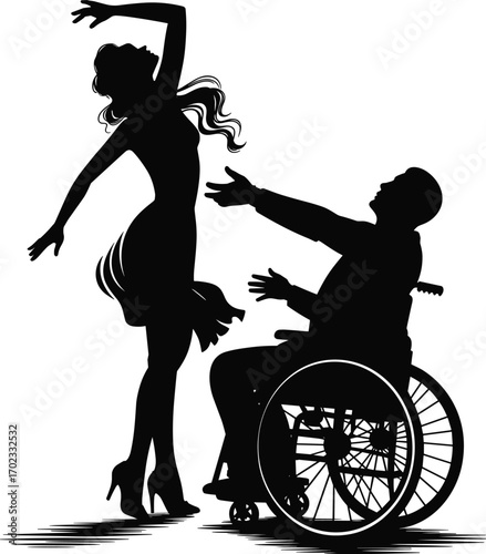 Silhouette of disabled man dancing with woman, inclusive dance, wheelchair movement, artistic expression, love, disability support, romantic connection, equality.