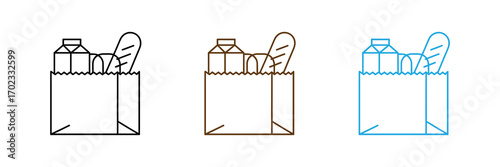 Set of three grocery bags filled with milk and bread, isolated on white background