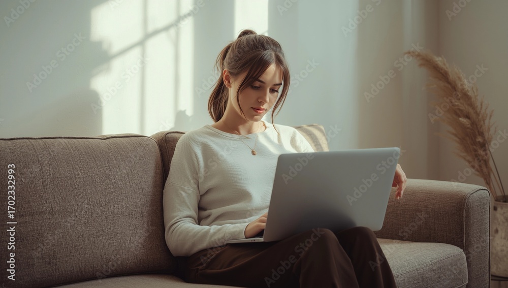 Naklejka premium Realistic Stock Photo of Woman Working on Laptop Near Window