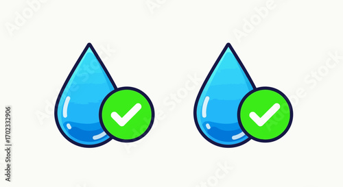 Two Shiny Blue Water Drops with Green Checkmarks Indicating Purity and Cleanliness for a Healthy Lifestyle and Environment
