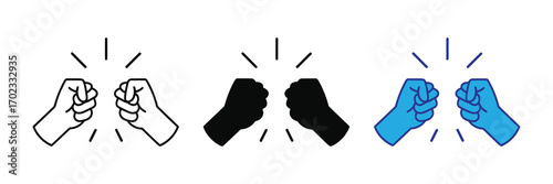 Three icons of fists bumping, isolated on white background