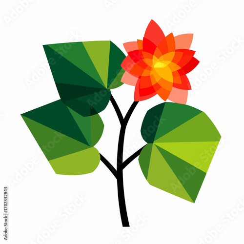 A geometric illustration of a plant with large green leaves and a multi-petaled orange-red flower.