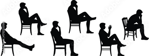 Silhouette of man sitting on chair, thinking poses, contemplation, deep thought, various positions, body language, reflection, introspection, relaxed, pensive mood, mental focus, solitude, meditation