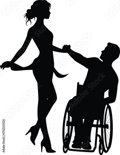 Silhouette of man in wheelchair dancing with woman, inclusive dance, disability support, love, romance, elegant motion, couple connection.
