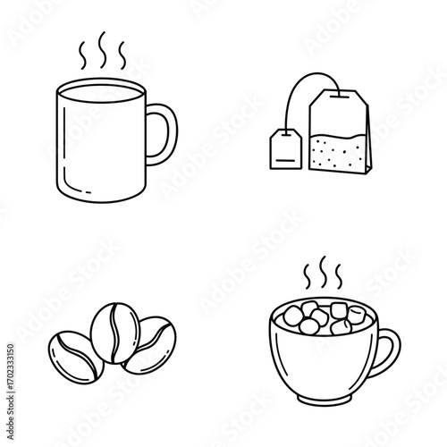 Collection of Warm drinks themed icons, including steaming mug, tea bag tag, coffee beans, hot chocolate with marshmallows