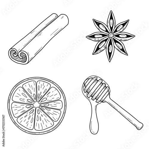 Collection of Warm drinks themed icons, including cinnamon stick, star anise, citrus slice, honey dipper
