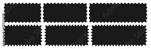  Collection of rectangular shapes with wiggly, wavy, curvy outlines. Vector flat frames scallop labels, tags, coupons, stamps with squiggly borders on white background for packaging and branding