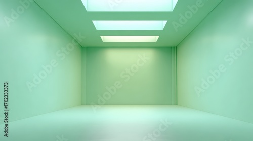 Green Illuminated Empty Room Interior  Modern Architectural Space with Minimalist Design and Unique Lighting Fixtures
