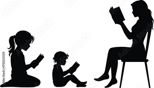 Silhouette of mother and children reading books together, family education, literacy concept, learning at home, parenting and childhood development
