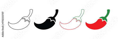 Four chili peppers in different styles outline, silhouette, outline with red fill, and red with green stem, isolated on white background