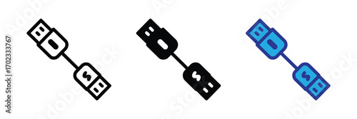 Three stylized icons of usb cables, one outlined, one solid black, and one blue, isolated on white background