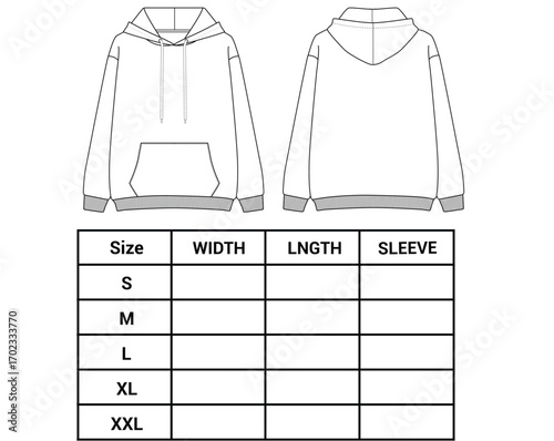 Hoodie Technical Drawing size chart vector Illustration