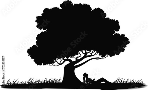 Silhouette of woman relaxing under large tree, lying on grass, peaceful nature scene, outdoor leisure, calm environment, tranquil moment, restful break, summer day, serene setting