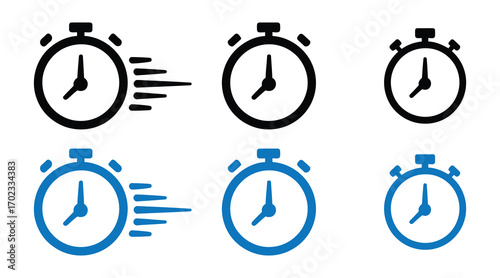 Set of stopwatch icons showing time passing and speed, isolated on white background