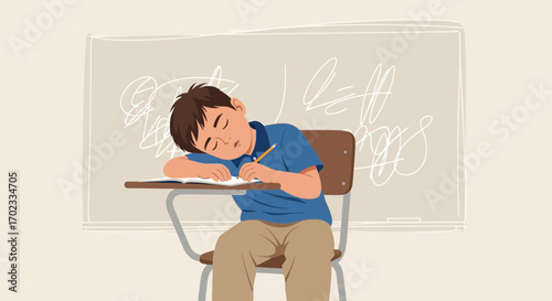 Tired Schoolboy Sleeping With A Pencil Over His Notebook In A Classroom Scene