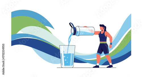 Woman pouring water from bottle into glass, healthy lifestyle cartoon illustration