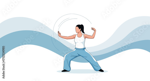 Woman Practicing Tai Chi with Flowing Blue Design, Achieving Harmony and Mindfulness