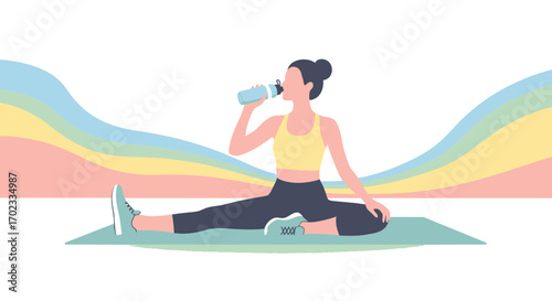 Woman Practicing Yoga and Drinking Water After Exercise, Recovering from Workout