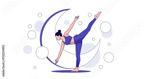 Woman practicing yoga in a balancing pose with half moon background as a conceptual graphic