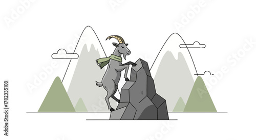 Triumphing Goat Ascends Rock Formation Amidst Serene Mountain Landscape Illustration