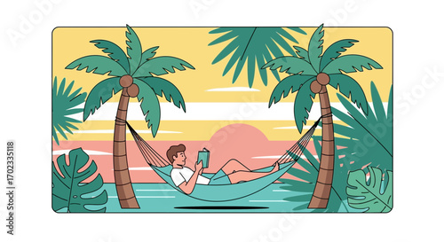 Tropical Relaxation: A Man Reading in a Hammock Amidst Palm Trees at Sunset
