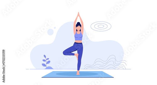 Woman Practicing Yoga Tree Pose For A Holistic Routine, Meditation And Health