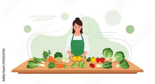 Woman Prep Food And Fresh Vegetables Table For Healthy Cooking And Healthy Living