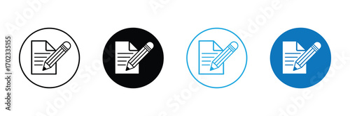 Set of four icons representing writing and editing, including outline, black, blue, and white versions