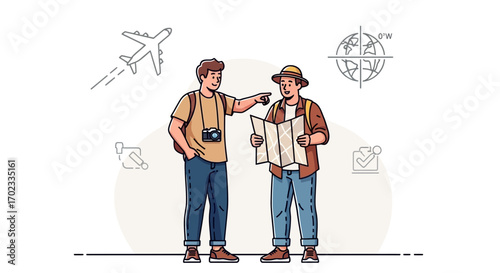 Two happy tourists planning their trip with a map and a camera, having fun together