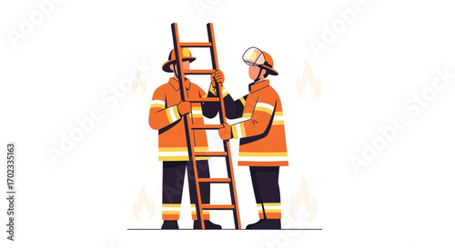 Two Firefighters With Ladder Ready To Help In Emergency Situation With Flames