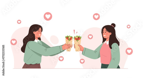 Two woman drinking food or giving each other some shawarma and celebrate with love hearts